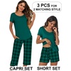 Ekouaer 3 PCS Capri Pajamas for Women Set Short Sleeve Pajama Lounge Sets(Deep Green Plaid)