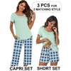 Ekouaer 3 PCS Capri Pajamas for Women Set Short Sleeve Pajama Lounge Sets(Light Green Plaid)