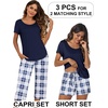 Ekouaer 3 PCS Capri Pajamas for Women Set Short Sleeve Pajama Lounge Sets(Navy Plaid)