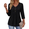 Ekouaer 3/4 Length Sleeve Womens Tops V Neck Blouses Casual Pleated Shirts(Black)