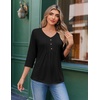 Ekouaer 3/4 Length Sleeve Womens Tops V Neck Blouses Casual Pleated Shirts(Black)