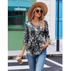 Ekouaer 3/4 Length Sleeve Womens Tops V Neck Blouses Casual Pleated Shirts(Black Grey Printed)