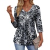 Ekouaer 3/4 Length Sleeve Womens Tops V Neck Blouses Casual Pleated Shirts(Black Grey Printed)