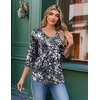 Ekouaer 3/4 Length Sleeve Womens Tops V Neck Blouses Casual Pleated Shirts(Black Grey Printed)