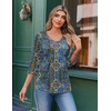 Ekouaer 3/4 Length Sleeve Womens Tops V Neck Blouses Casual Pleated Shirts(Blue Boho)