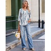 Ekouaer 3/4 Length Sleeve Womens Tops V Neck Blouses Casual Pleated Shirts(Blue White Striped)
