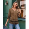 Ekouaer 3/4 Length Sleeve Womens Tops V Neck Blouses Casual Pleated Shirts(Brown Boho)