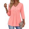 Ekouaer 3/4 Length Sleeve Womens Tops V Neck Blouses Casual Pleated Shirts(Coral)