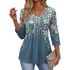 Ekouaer 3/4 Length Sleeve Womens Tops V Neck Blouses Casual Pleated Shirts(Grey Green Floral)