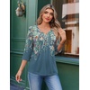 Ekouaer 3/4 Length Sleeve Womens Tops V Neck Blouses Casual Pleated Shirts(Grey Green Floral)
