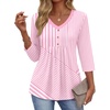 Ekouaer 3/4 Length Sleeve Womens Tops V Neck Blouses Casual Pleated Shirts(Pink Stripes)