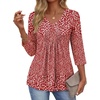 Ekouaer 3/4 Length Sleeve Womens Tops V Neck Blouses Casual Pleated Shirts(Red Floral)