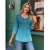 Ekouaer 3/4 Length Sleeve Womens Tops V Neck Blouses Casual Pleated Shirts(Willow Flower)