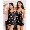 Ekouaer Lingerie for Women Sexy Satin Silk Pajama Sets Lace Cami Short Pj(Black Hearts)