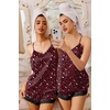 Ekouaer Lingerie for Women Sexy Satin Silk Pajama Sets Lace Cami Short Pj(Cheetah Wine Red)