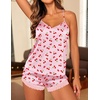 Ekouaer Lingerie for Women Sexy Satin Silk Pajama Sets Lace Cami Short Pj(Cherry Bow)