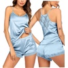 Ekouaer Lingerie for Women Sexy Satin Silk Pajama Sets Lace Cami Short Pj(Light Blue)
