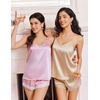Ekouaer Lingerie for Women Sexy Satin Silk Pajama Sets Lace Cami Short Pj(Pink)