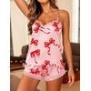 Ekouaer Lingerie for Women Sexy Satin Silk Pajama Sets Lace Cami Short Pj(Pink Bow)