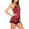 Ekouaer Lingerie for Women Sexy Satin Silk Pajama Sets Lace Cami Short Pj(Wine Red)