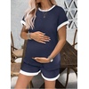 Ekouaer Maternity Pajamas 2 Piece Outfits Waffle Knit Pregnancy Sleepwear(Navy Blue)