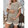Ekouaer Maternity Pajamas 2 Piece Outfits Waffle Knit Pregnancy Sleepwear(Stripes Beige)