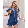 Ekouaer Pajamas for Women Set 2 Piece Soft Button Down Top and Shorts(Navy Blue)