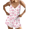 Ekouaer Womens Cami Pajama Sets V Neck PJs Soft Lingerie Top and Shorts(Pink Bow Small Flower)