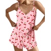 Ekouaer Womens Cami Pajama Sets V Neck PJs Soft Lingerie Top and Shorts(Red Cherry Print)