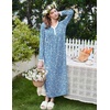 Ekouaer Women’s Long Sleeve Nightgown Full Length Sleepwear Long Sleepshirts Henley Sleep Dress(Blue White Floral)