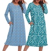 Ekouaer 2 Pack Women’s Long Sleeve Nightgown with Pockets Mumu Dresses(Blue Floral/Blue Green Floral)
