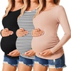 Ekouaer 3/4 Pack Womens Maternity Shirts Long Sleeve Pregnancy Tops(3pcs Black / Dirty Pink / White Stripe)
