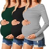 Ekouaer 3/4 Pack Womens Maternity Shirts Long Sleeve Pregnancy Tops(3pcs Black / Green / White Stripe)