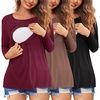 Ekouaer Women 3 Packs Nursing Shirts Long Sleeve Breastfeeding Tops Round Neck Postpartum Clothes Double Layer Maternity Tee(Black/Brown/Burgundy)