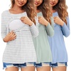 Ekouaer Women 3 Packs Nursing Shirts Long Sleeve Breastfeeding Tops Round Neck Postpartum Clothes Double Layer Maternity Tee(Light Green/Light Blue/Stripes)