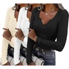 Womens Long Sleeve Shirts V Neck Slim Fit Tops Thermal Undershirts 3 Pack(Black/Beige/White)