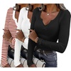 Womens Long Sleeve Shirts V Neck Slim Fit Tops Thermal Undershirts 3 Pack(Red White Stripped/Black/White)