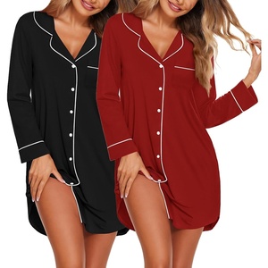 Ekouaer 2 Pack Nightgowns for Women Long Sleeve Button Down Sleep Shirt(Black/Wine Red)