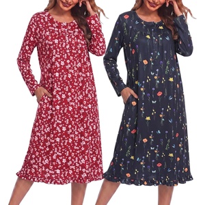 Ekouaer 2 Pack Women’s Long Sleeve Nightgown with Pockets Mumu Dresses(Black Butterfly/Red Floral)