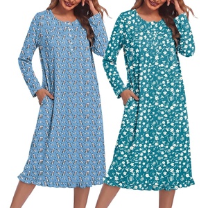Ekouaer 2 Pack Women’s Long Sleeve Nightgown with Pockets Mumu Dresses(Blue Floral/Blue Green Floral)