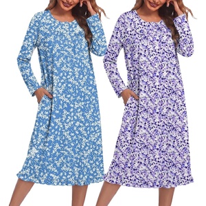 Ekouaer 2 Pack Women’s Long Sleeve Nightgown with Pockets Mumu Dresses(Blue Floral/Purple)