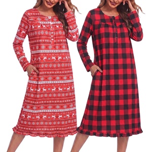 Ekouaer 2 Pack Women’s Long Sleeve Nightgown with Pockets Mumu Dresses(Christmas Deer/Black and Red Plaid)