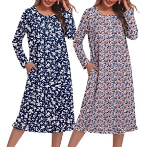 Ekouaer 2 Pack Women’s Long Sleeve Nightgown with Pockets Mumu Dresses(Dark Blue Floral/Brown Floral)