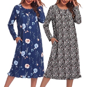 Ekouaer 2 Pack Women’s Long Sleeve Nightgown with Pockets Mumu Dresses(Navy Blue Floral/Black Floral)
