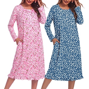 Ekouaer 2 Pack Women’s Long Sleeve Nightgown with Pockets Mumu Dresses(Pink Floral/Blue Floral)