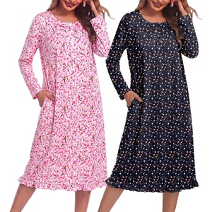 Ekouaer 2 Pack Women’s Long Sleeve Nightgown with Pockets Mumu Dresses(Pink Floral/Nay Blue Floral)