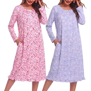 Ekouaer 2 Pack Women’s Long Sleeve Nightgown with Pockets Mumu Dresses(Pink Flower/Purple Floral)