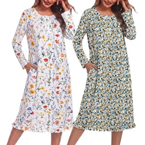 Ekouaer 2 Pack Women’s Long Sleeve Nightgown with Pockets Mumu Dresses(White Floral/Yellow Floral)