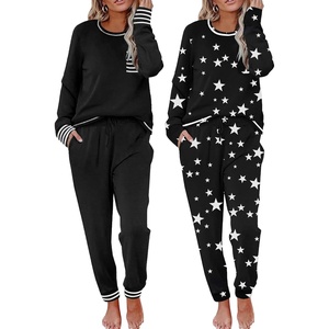 Ekouaer 2 Pack Womens Pajama Sets Long Sleeve Lounge Sets Soft Pj Loungewear Sleepwear(Black/Black Star)