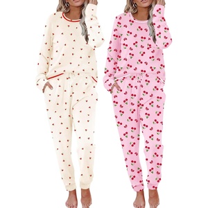 Ekouaer 2 Pack Womens Pajama Sets Long Sleeve Lounge Sets Soft Pj Loungewear Sleepwear(Light Yellow Cherry/Pink Cherry)